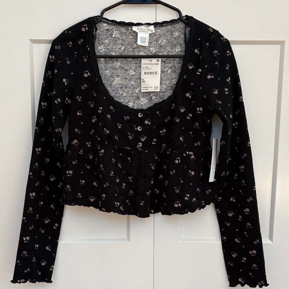 Chic Black Floral Long Sleeve Blouse
